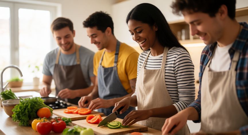 cómo ahorrar, Grupo de personas cocinando juntas en una cocina luminosa y moderna