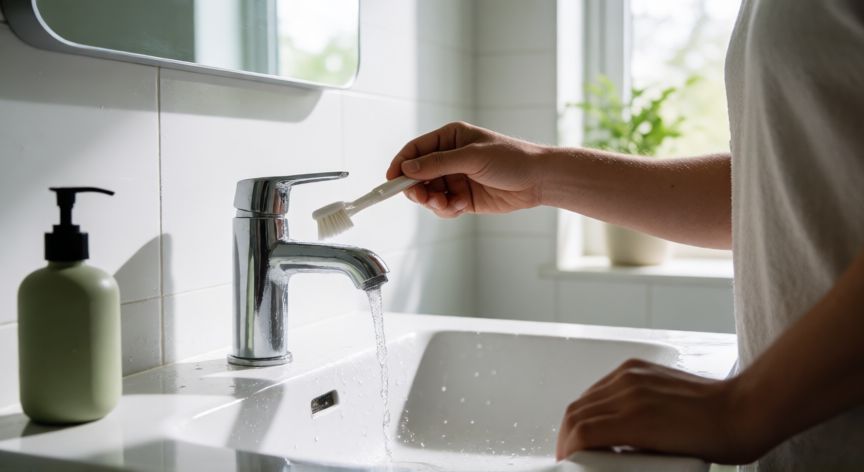 Persona cepillándose los dientes con el grifo cerrado en un baño moderno