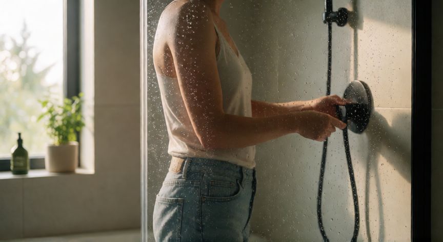 como ahorrar agua en casa, Persona duchándose brevemente en un baño moderno para reducir el consumo de agua