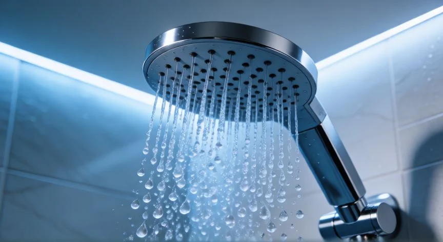 Cabezal de ducha moderno ahorrando agua con flujo eficiente