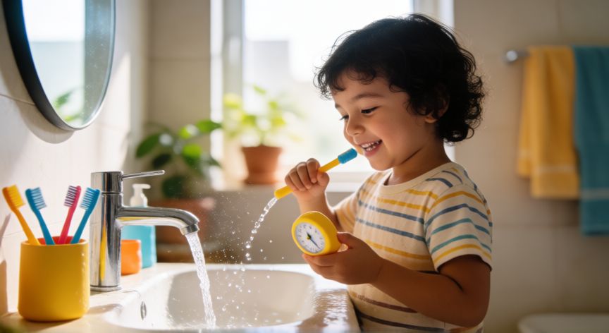 como ahorrar agua para niños, Niño usando un temporizador mientras se cepilla los dientes para ahorrar agua en el baño