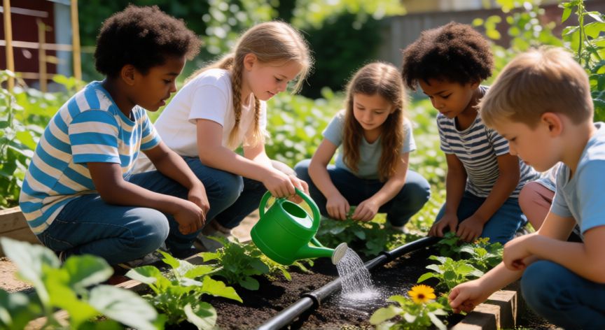 como ahorrar agua para niños, Niños regando plantas en un jardín escolar enseñando el uso eficiente del agua