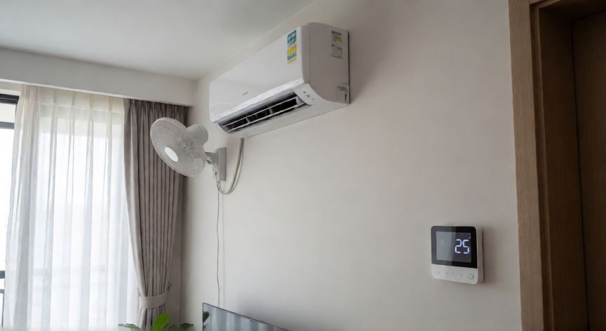 Sala de estar moderna con aire acondicionado y ventilador