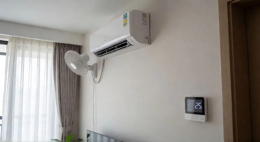 Sala de estar moderna con aire acondicionado y ventilador