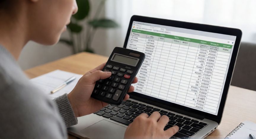 como ahorrar al maximo, Persona analizando su presupuesto y gastos con una calculadora