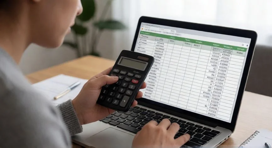 Persona analizando su presupuesto y gastos con una calculadora