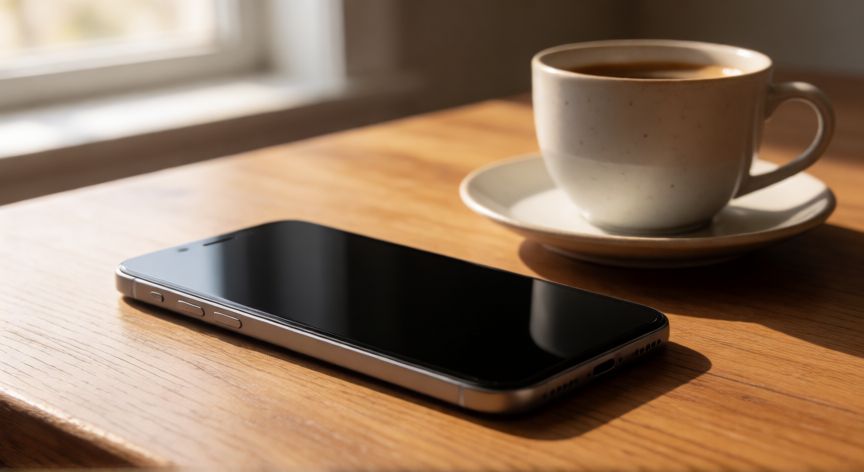 como ahorrar al maximo la bateria del iphone, iPhone sobre una mesa de madera en un entorno de trabajo minimalista