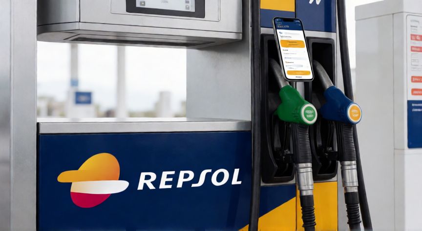 como ahorrar al repostar en repsol, Móvil con la app de Repsol mostrando descuentos junto a una bomba de gasolina