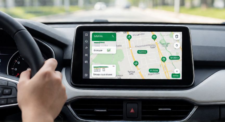 como ahorrar al repostar en repsol, Pantalla en el coche mostrando mapa de estaciones de servicio con precios