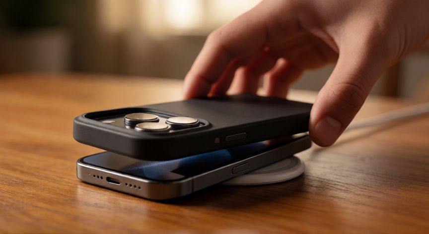 como ahorrar bateria iphone 17 pro, Persona quitando la funda al iPhone 17 Pro para mejorar la disipación de calor