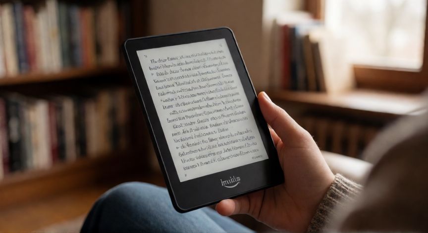 como ahorrar bateria kindle, Persona usando un Kindle en una biblioteca con luz natural