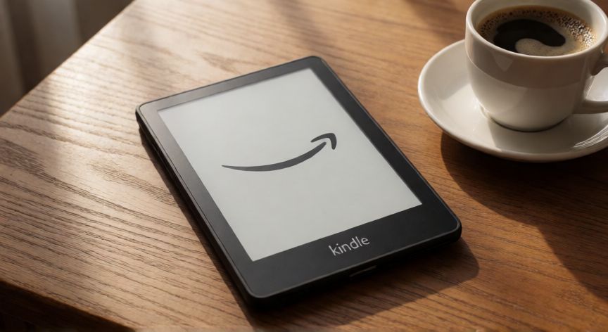 como ahorrar bateria kindle, Kindle apagado sobre una mesa de madera junto a una taza de café
