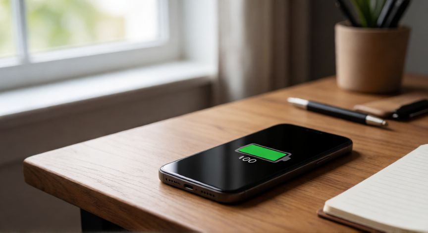 como ahorrar bateria movil, Teléfono móvil cargado en un escritorio con luz natural