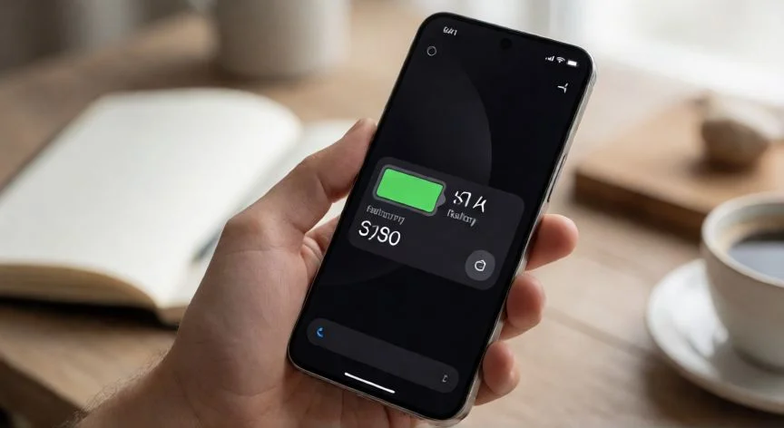 Mano sosteniendo un teléfono Samsung en modo oscuro mostrando widget de batería