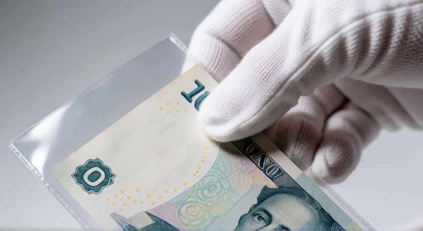 Mano con guante de algodón guardando un billete en una funda protectora transparente