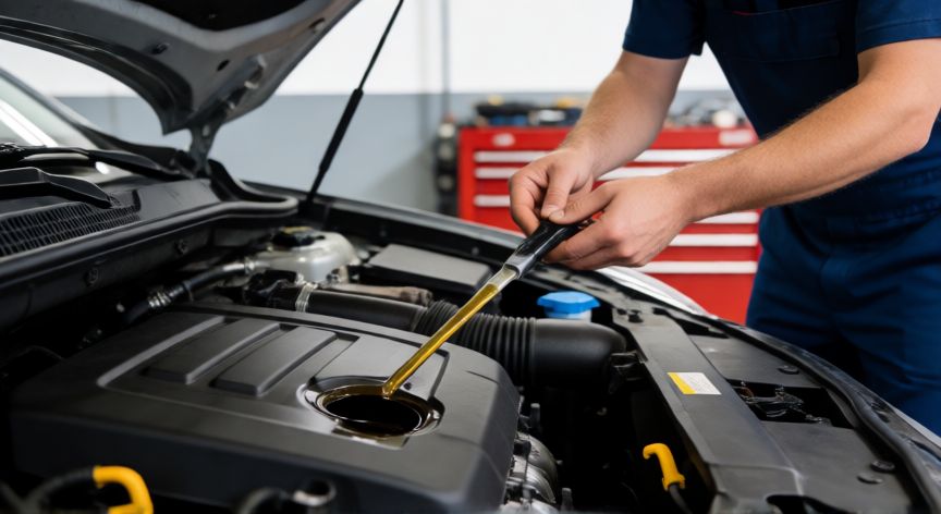 como ahorrar combustible, Mecánico revisando el nivel de aceite del motor