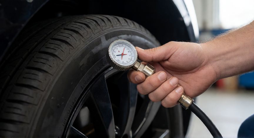 como ahorrar combustible al conducir, Mecánico revisando la presión de los neumáticos con una manómetro