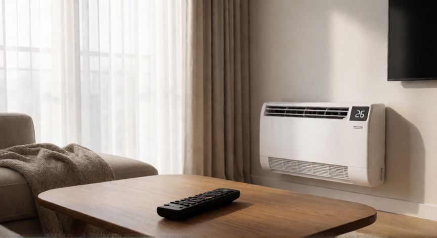 como ahorrar con el aire acondicionado, Control remoto de aire acondicionado y termostato en una sala de estar moderna