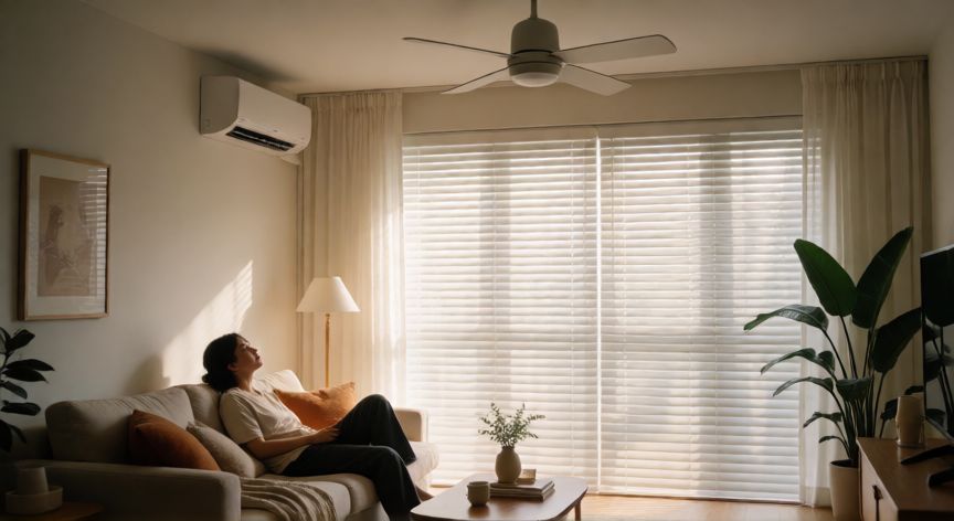 como ahorrar con el aire acondicionado en verano, Sala de estar con aire acondicionado y ventilador para ahorrar energía