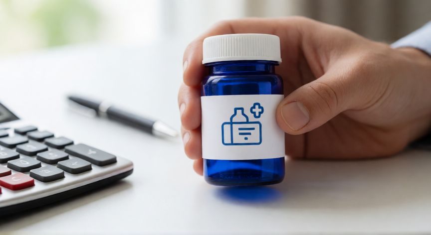 como ahorrar con mounjaro, Botella de medicamento Mounjaro y calculadora sobre un escritorio