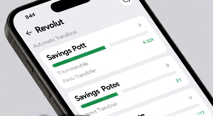 como ahorrar con revolut, Interfaz de la app Revolut mostrando potes de ahorro y configuraciones de transferencia automática
