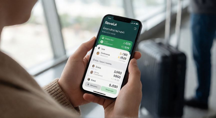como ahorrar con revolut, Persona usando la app Revolut para cambiar de divisa en un aeropuerto ahorrando en comisiones