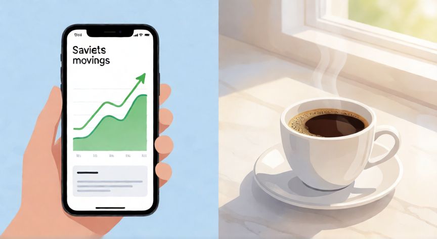 como ahorrar con waylet, Gráfico de ahorro subiendo en una app móvil junto a un café, simbolizando gasto inteligente