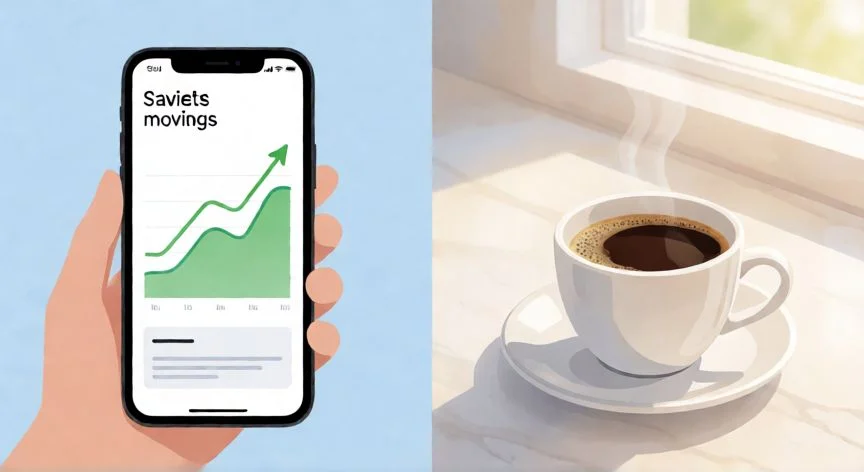 como ahorrar con waylet, Gráfico de ahorro subiendo en una app móvil junto a un café, simbolizando gasto inteligente