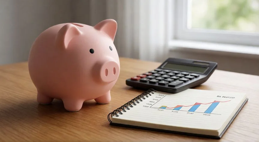 Plano de ahorros y presupuesto personal en una mesa de trabajo