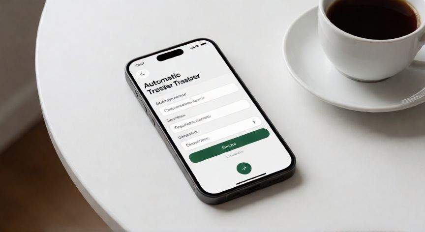 como ahorrar cuando tienes muchos gastos, Móvil mostrando una aplicación de banco con transferencia automática configurada