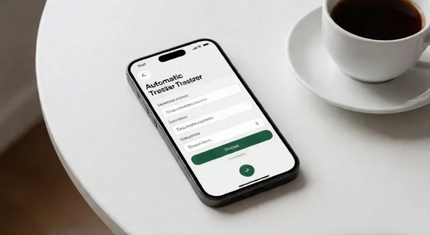 como ahorrar cuando tienes muchos gastos, Móvil mostrando una aplicación de banco con transferencia automática configurada