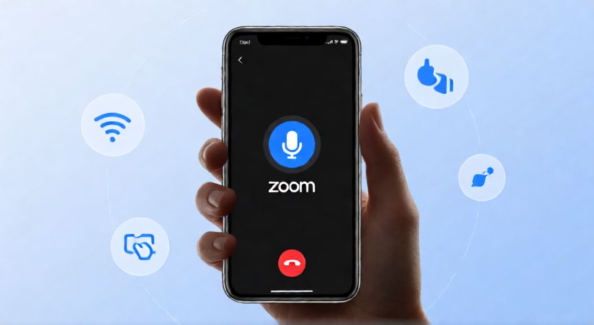 como ahorrar datos en zoom, Móvil con la app de Zoom mostrando una videollamada y el micrófono silenciado