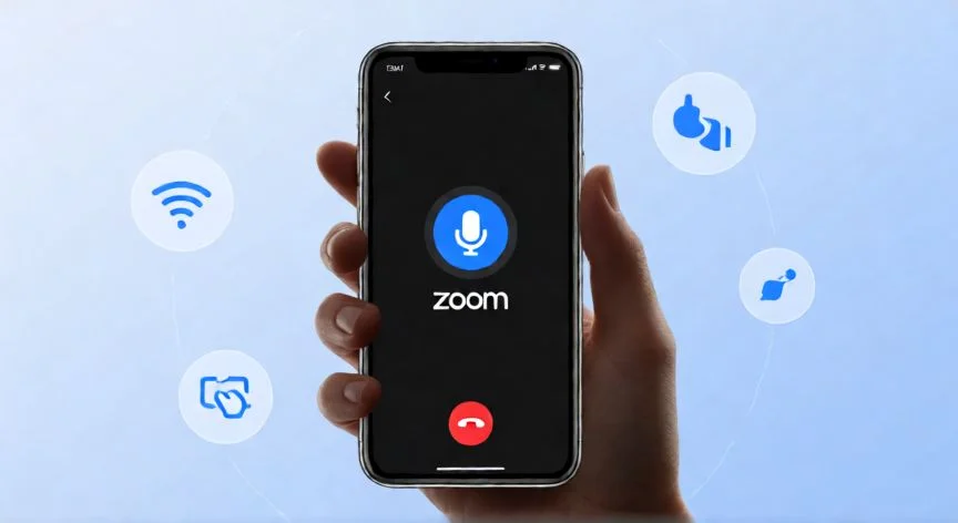 Móvil con la app de Zoom mostrando una videollamada y el micrófono silenciado