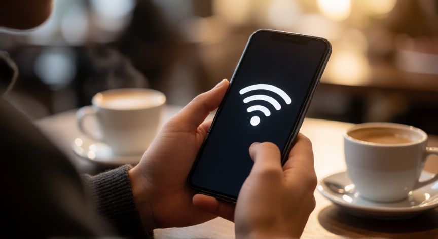 cómo ahorrar datos móviles, Persona usando el móvil con conexión Wi-Fi en una cafetería