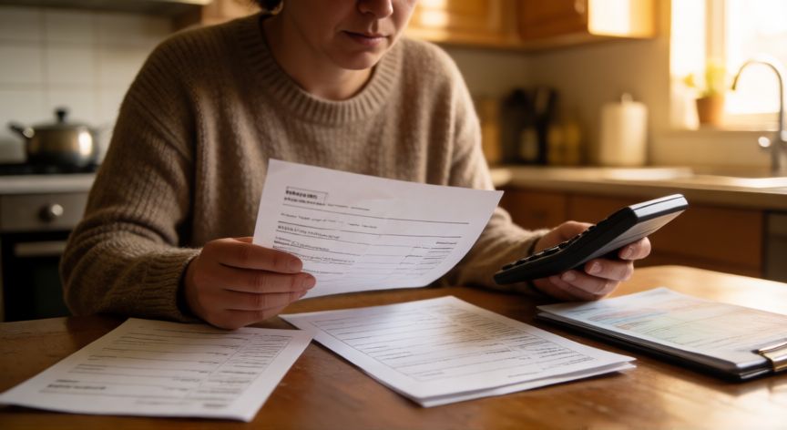 como ahorrar dinero, Persona revisando facturas y declaraciones bancarias con calculadora