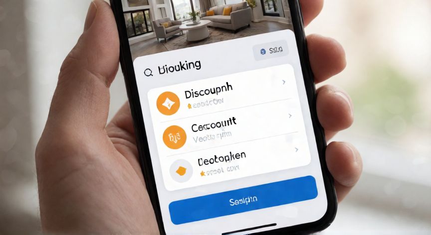 como ahorrar dinero en booking, Mano sosteniendo un móvil con una app de reservas de hoteles