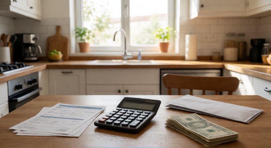 como ahorrar dinero en españa, Planificación financiera doméstica en una cocina española con calculadora y facturas