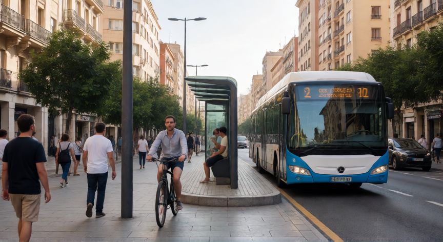 como ahorrar dinero en españa, Uso de transporte público y movilidad sostenible en una calle de una ciudad española