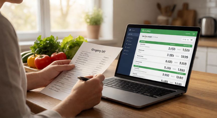 como ahorrar dinero en la compra, Persona planificando la lista de la compra y comparando precios en el ordenador