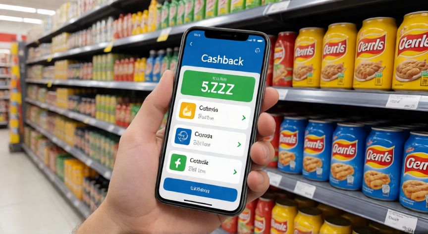 como ahorrar dinero en la compra, Mano usando el teléfono móvil para verificar cupones y cashback en el supermercado