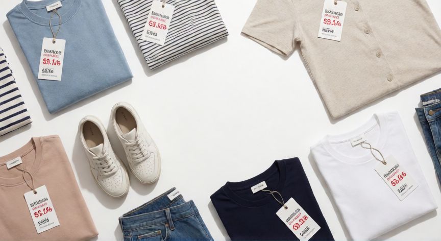 como ahorrar dinero en shein, Composición de ropa con etiquetas de precio rebajado sobre fondo blanco y limpio