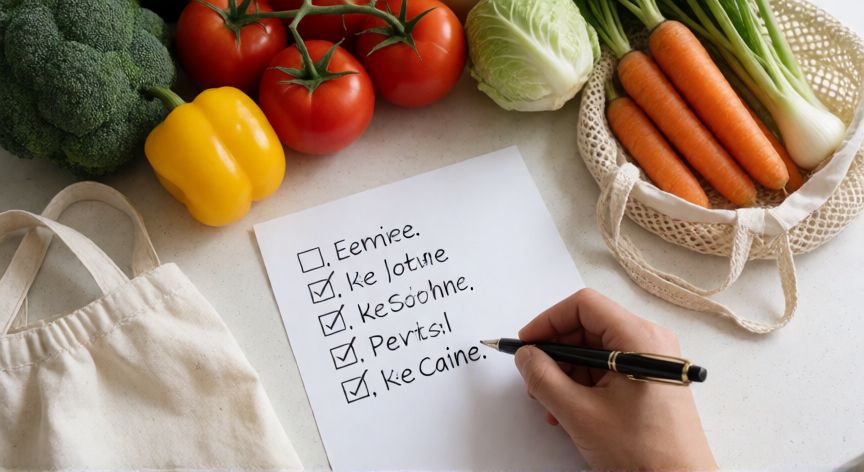 como ahorrar dinero en un mes, Lista de la compra con productos frescos en una cocina