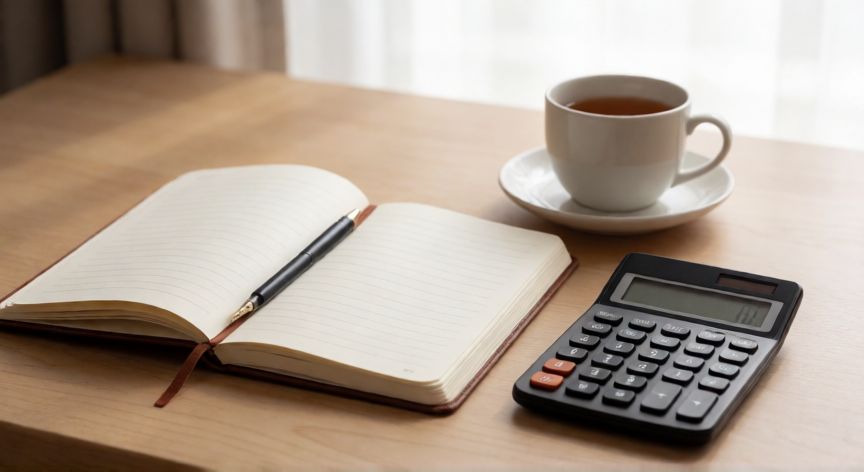 como ahorrar dinero jw org, Cuaderno de finanzas personales con calculadora en escritorio organizado