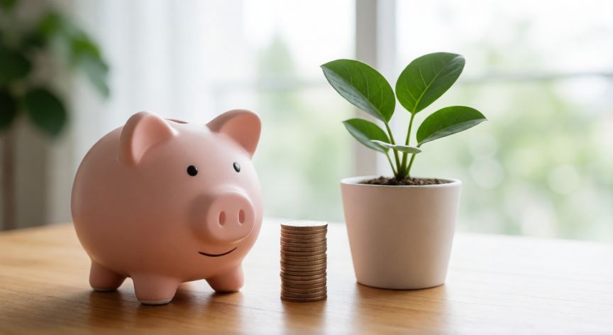 como ahorrar dinero jw org, Cerdito hucha con monedas y planta decorativa en mesa de madera