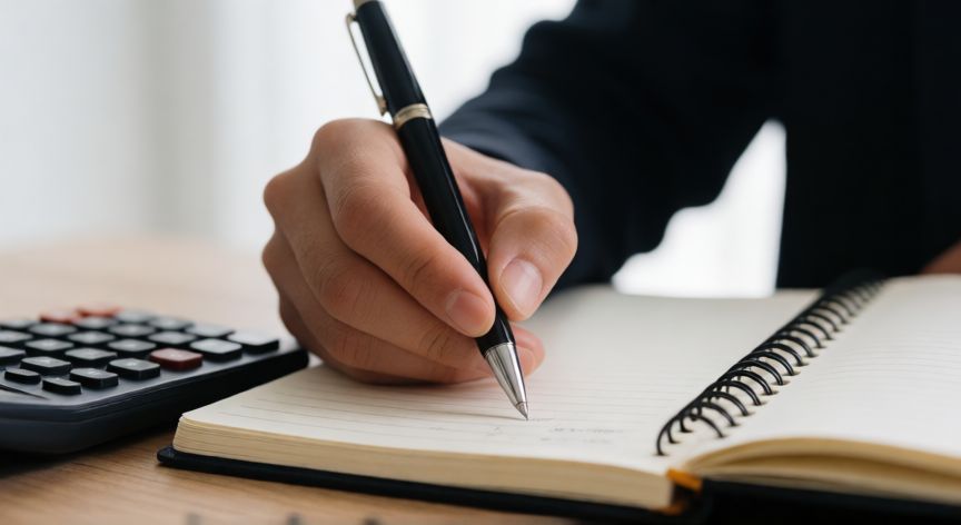 cómo ahorrar dinero si gano poco, Persona anotando gastos en un cuaderno de presupuesto con calculadora