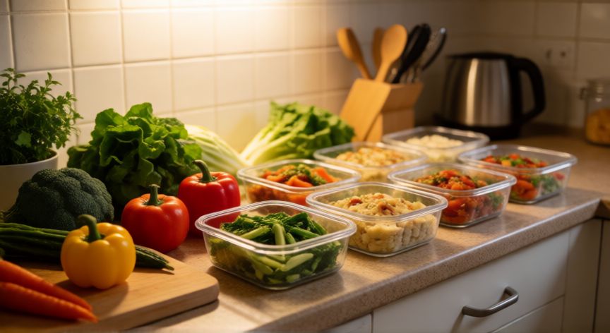 cómo ahorrar dinero si gano poco, Contenedores de comida preparados en la cocina para ahorrar en alimentación