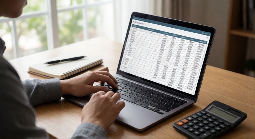 como ahorrar dinero videos, Persona analizando su presupuesto personal en una laptop para ahorrar dinero