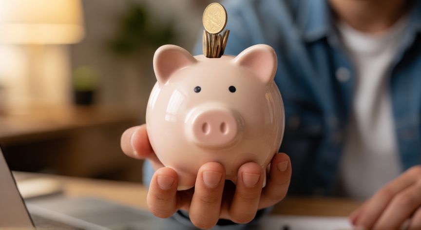 como ahorrar dinero videos, Manos depositando monedas en un hucha de cerámica simbolizando el ahorro constante