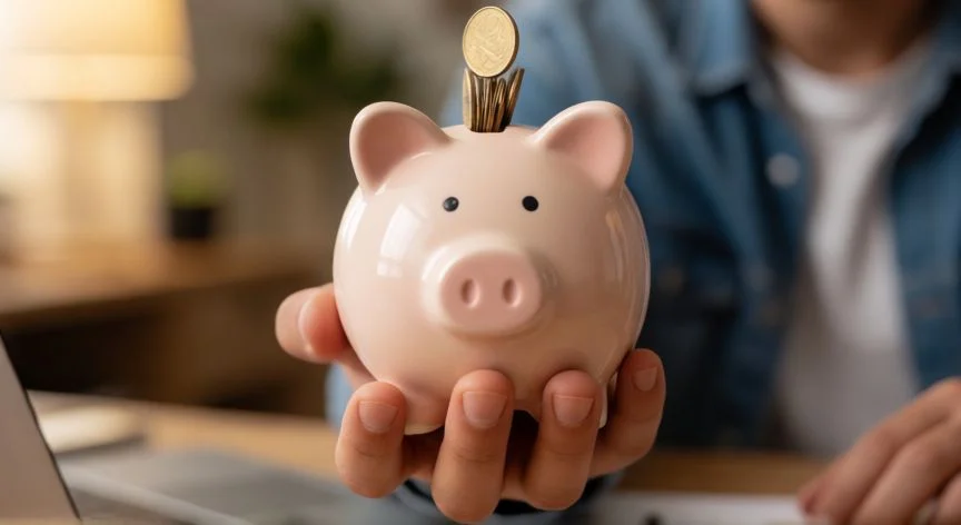 como ahorrar dinero videos, Manos depositando monedas en un hucha de cerámica simbolizando el ahorro constante