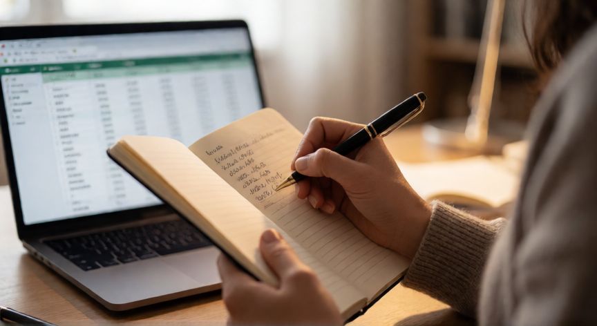 Persona anotando gastos en un cuaderno para hacer presupuesto
